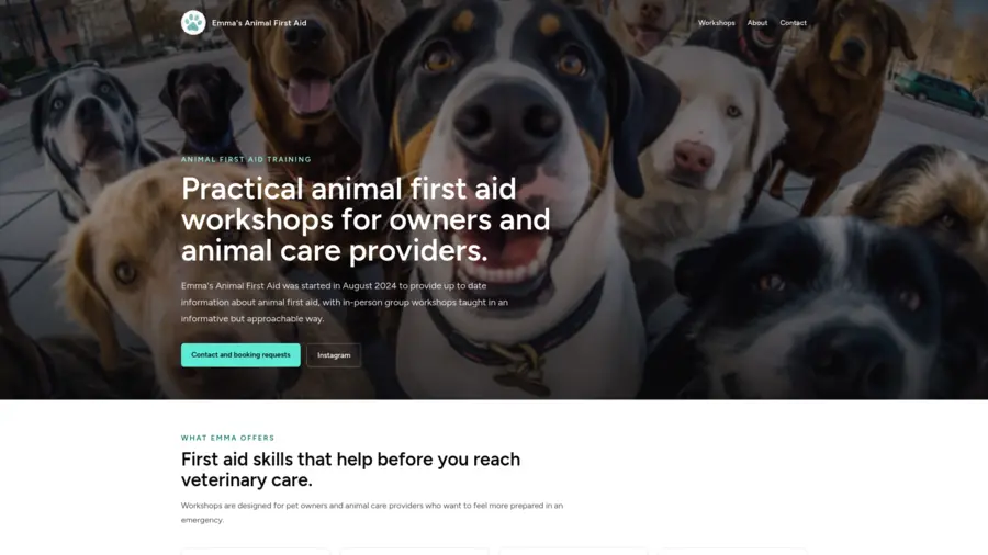 Emma's Animal First Aid website landing page screenshot