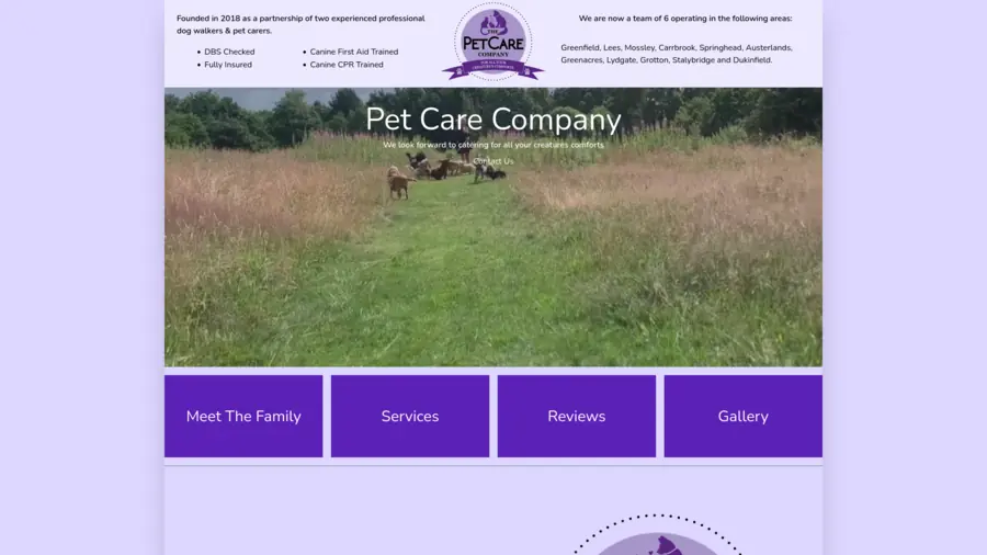 Pet Care Company website landing page screenshot